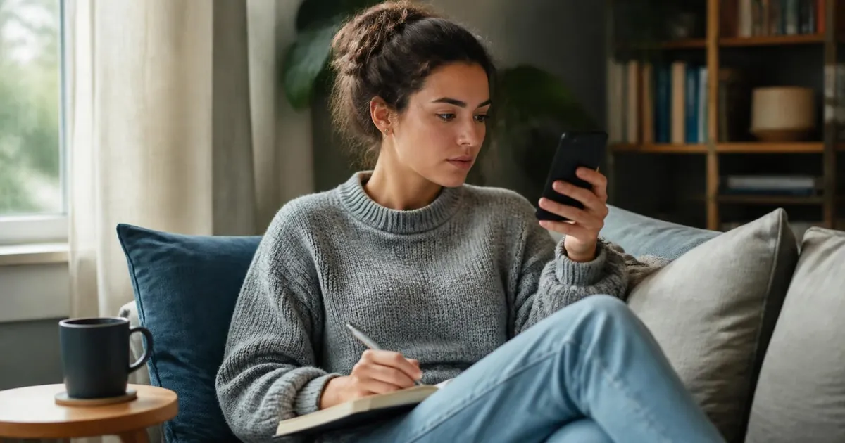 Una persona en el sofá revisando el celular y tomando notas en una libreta