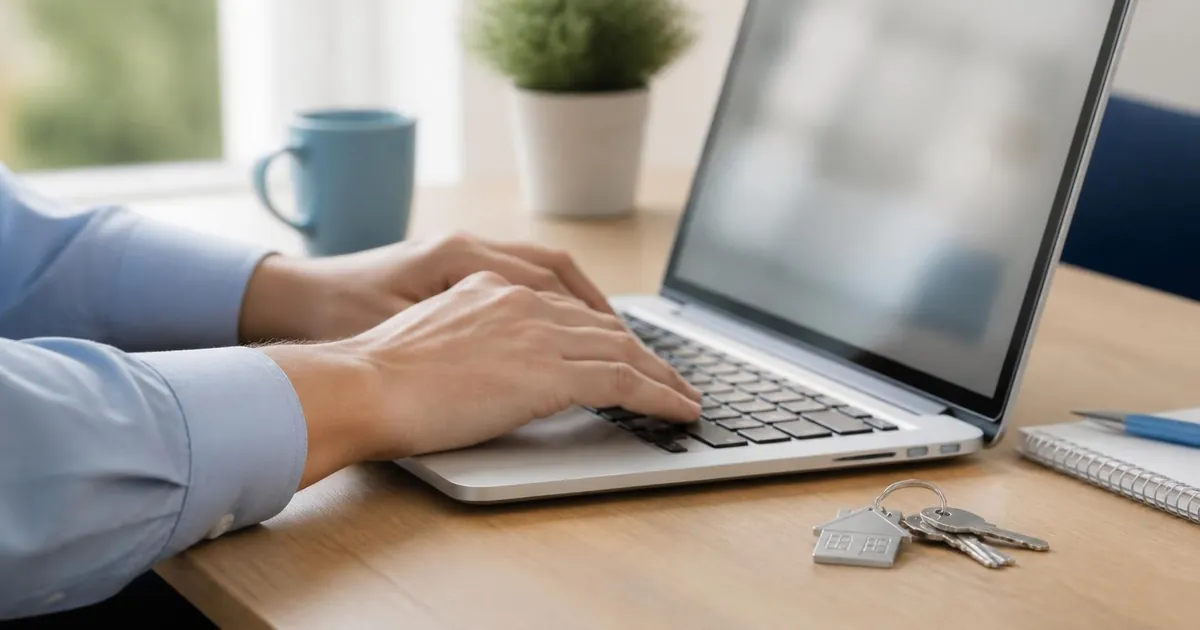 Hands typing on a laptop at a wooden desk, with a set of keys beside it